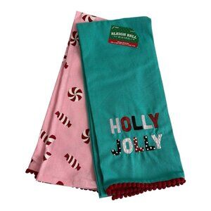2 Sleigh Bell Christmas Kitchen Towel Blue/Pink Holly Jolly 18x28 Peppermint NEW